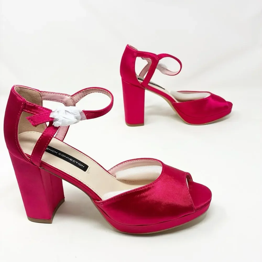 French Connection Pink Satin Block Heel Platform Open Toe Sandal 7 NIB